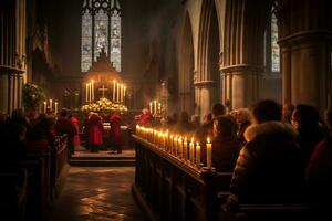 ai generativo encantador imagen de un Iglesia medianoche Navidad Servicio foto