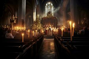 AI Generative enchanting image of a church midnight Christmas service photo