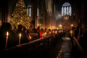 ai generativo encantador imagen de un Iglesia medianoche Navidad Servicio foto