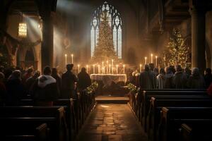 ai generativo encantador imagen de un Iglesia medianoche Navidad Servicio foto