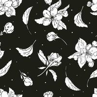 Floral seamless pattern with white flowers on black background. Vector monochrome background with white cherry flowers for textile print, fabric, wrapping.