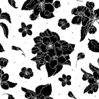 Black flowers seamless pattern. Hand drawn vector cherry flowers print for textile, fabric, wrapping. Monochrome endless background for design, decoration.