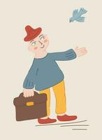 illustration with a cute man in a hat and a flying bird vector illustration