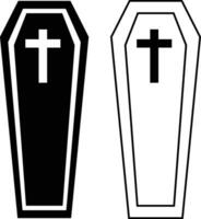 Coffin icon. Wooden coffin black icon with cross. Grave sign. flat style. vector