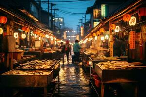 AI Generative image of a bustling Japanese street food market photo