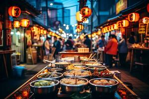 AI Generative image of a bustling Japanese street food market photo