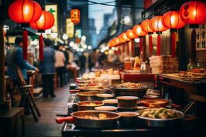 AI Generative image of a bustling Japanese street food market photo