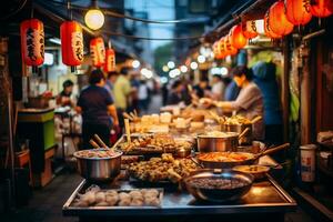 AI Generative image of a bustling Japanese street food market photo