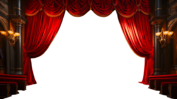 dramatisch lit glanzend rood fluweel theater gordijnen en houten stadium vloer. generatief ai. transparant png. png