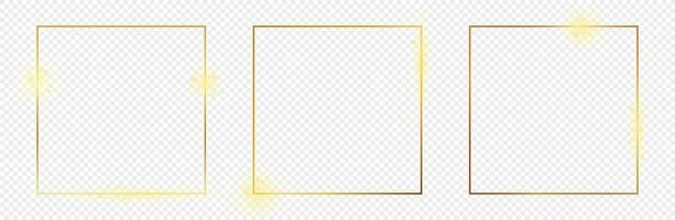 Set of three gold glowing square frames isolated on background. Shiny frame with glowing effects. Vector illustration.