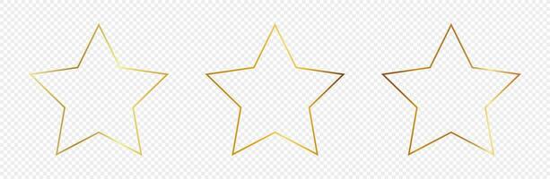 Set of three gold glowing star shape frames isolated on background. Shiny frame with glowing effects. Vector illustration.