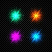 Light effect of lens flares. Set of four green, orange, purple and blue glowing lights starburst effects with sparkles on a dark background. Vector illustration