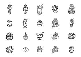 cute handraw doodle desserts bakery set black and white colour vector