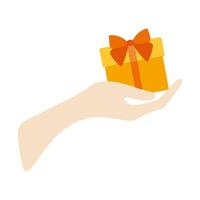 People Hand giving gift box illustration. Flat cartoon Gift yellow box with orange ribbon. Vector Giving, receiving surprise concept. Holiday and celebration element, Postcard template, Birthday decor