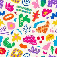 Abstract seamless pattern of colorful hand drawn various shapes, curls, forms and doodle objects. Modern trendy vector background