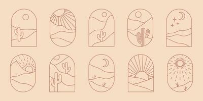 Boho logo landscape with desert. Cactus, sandy mountains, sun and moon. Abstract design templates. Vector bohemian big set in trendy liner style