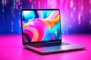 Mockup of beautiful laptop with multicolor background, Generative AI illustration photo