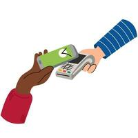 Contactless cashless payments with mobile phone apps. Hands paying with POS terminals and NFC technology. vector