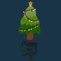 Christmas card with Christmas tree with inscription merry and bright. vector