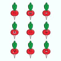 Vector set of vegetable emoticons. Funny radish emoji with face.