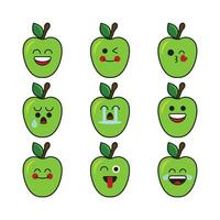 Green apple cartoon character with various expressions icon set. vector