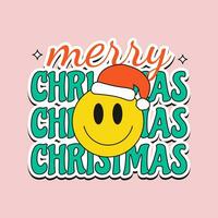 Groovy retro sticker with Merry Christmas phrase and funny cartoon face. Xmas hippie poster, print. Vector illustration.