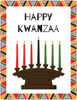 feliz kwanza. tarjeta de felicitación con portavelas tradicional - kinara con 7 velas, que simboliza los principios de kwanzaa. marco con patrones de triángulo africano. ilustración vectorial de color en blanco vector