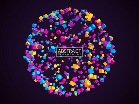 Futuristic spherical explosion with colorful cubes. Abstract geometric background with flying 3d cubes in shape of sphere. Vector illustration