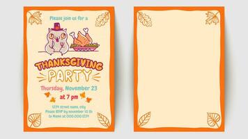 Vector invitation for Thanksgiving party with cute cat and turkey.