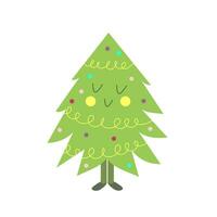 Happy christmas tree stands with smile and closed eyes cartoon flat style vector illustrations.