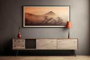 Stylish living room with a wooden dresser, modern interior design. Genarative ai photo
