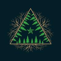 Pine trees with roots in a triangle shape. Pine tree logo or t shirt.  Pine tree Inscribed. Vector drawing. Pine Tree roots frame vector. Vector illustration