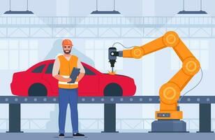 Process of automated car production. Machinery line with robotic hands. Engineer in orange vest and protective helmet controls the process. Assembly line at an automobile factory. Vector illustration.