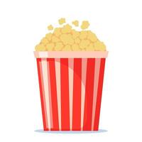 Popcorn flakes and bucket. Popcorn container. White and red cardboard cup with flying out and scatter snack seeds. Isolated striped 3d paper box with fast food for cinema. Vector illustration.