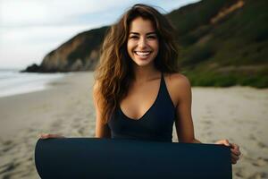 beautiful sporty woman holding mat for yoga.genarative ai photo