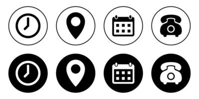 Time, location, date, and call icon vector in black circle. Clock, address, calendar, and telephone sign symbol