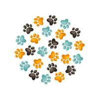 Cute colored frame with cat paw print. Round frame with a dog paw print. Pet trail border. Simple doodle drawing. Vector illustration isolated on white background.