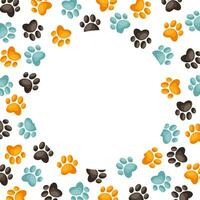 Cute colored frame with cat paw print. Round frame with a dog paw print. Pet trail border. Simple doodle drawing. Vector illustration isolated on white background.