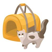 Cat in a carrier. Soft bag for traveling with pets or visiting the vet. Gray cat in a transport box or cattery. Flat style vector
