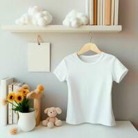 White blank baby t-shirt mockup in interior. Soft beige interior for baby.AI generation photo