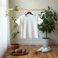 White blank baby t-shirt mockup in interior. Soft beige interior for baby.AI generation photo