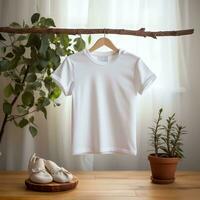 White blank baby t-shirt mockup in interior. Soft beige interior for baby.AI generation photo