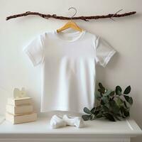 White blank baby t-shirt mockup in interior. Soft beige interior for baby.AI generation photo