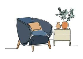 continuo uno línea dibujo de Sillón y con en conserva plantas. escandinavo elegante mueble en sencillo lineal estilo. vector ilustración