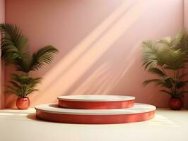 abstract background with round podium and tropical leaves. Scene for product presentation, Generative ai photo