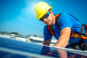 Solar power engineer installing solar panels on the roof. generative ai photo