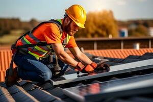 Solar power engineer installing solar panels on the roof. generative ai photo