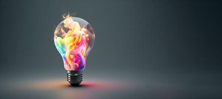 Creative light bulb explodes with colorful paint and splashes on a dark background. Think differently creative idea concept .generative ai photo