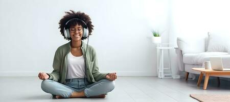 a woman with headphones and glasses sitting on the floor, genarative ai photo