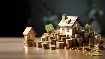 a miniature  house and coins are placed on a table. generative ai photo